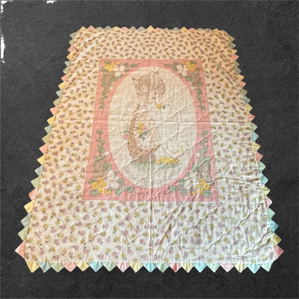 Vintage Precious Moments Quilt Blanket Baby Girl Pink Floral Goose 46x35